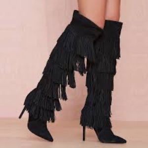 Jeffrey Campbell “Go Lightly” Black Fringe Boots — Cowboy, Stiletto, Suede Boots